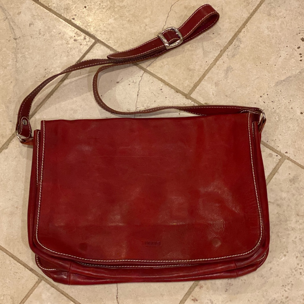 Deep Cherry Red Florentine Leather Crossbody Laptop Satchel